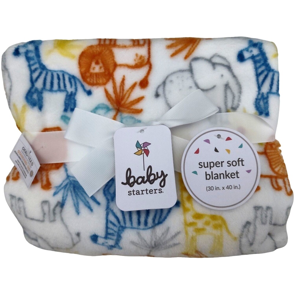 Baby Starter's White Jungle Safari Animals Blanket Blue Orange Gray Yellow NWT
